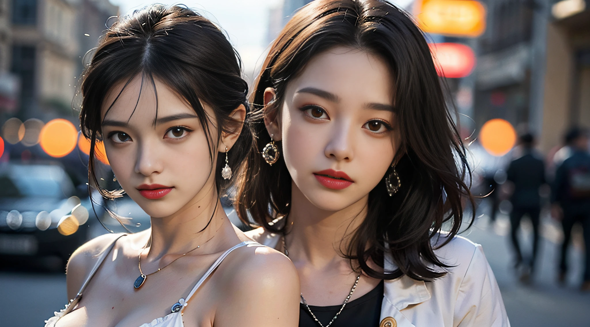 (Highest quality、High resolution、masterpiece:1.3)、Tall and pretty woman、Big ample breasts、Dark brown hair,Scattered wavy、Medium Breast、Wear a pendant、abdomen、Short pants、(Background coast)、Exquisite expression of facial and skin texture details、Detailed eyes、double eyelid、A light smile、Upper Body、Short fine hair、Starry Sky、Put your arms behind your head、Saggy eyes、