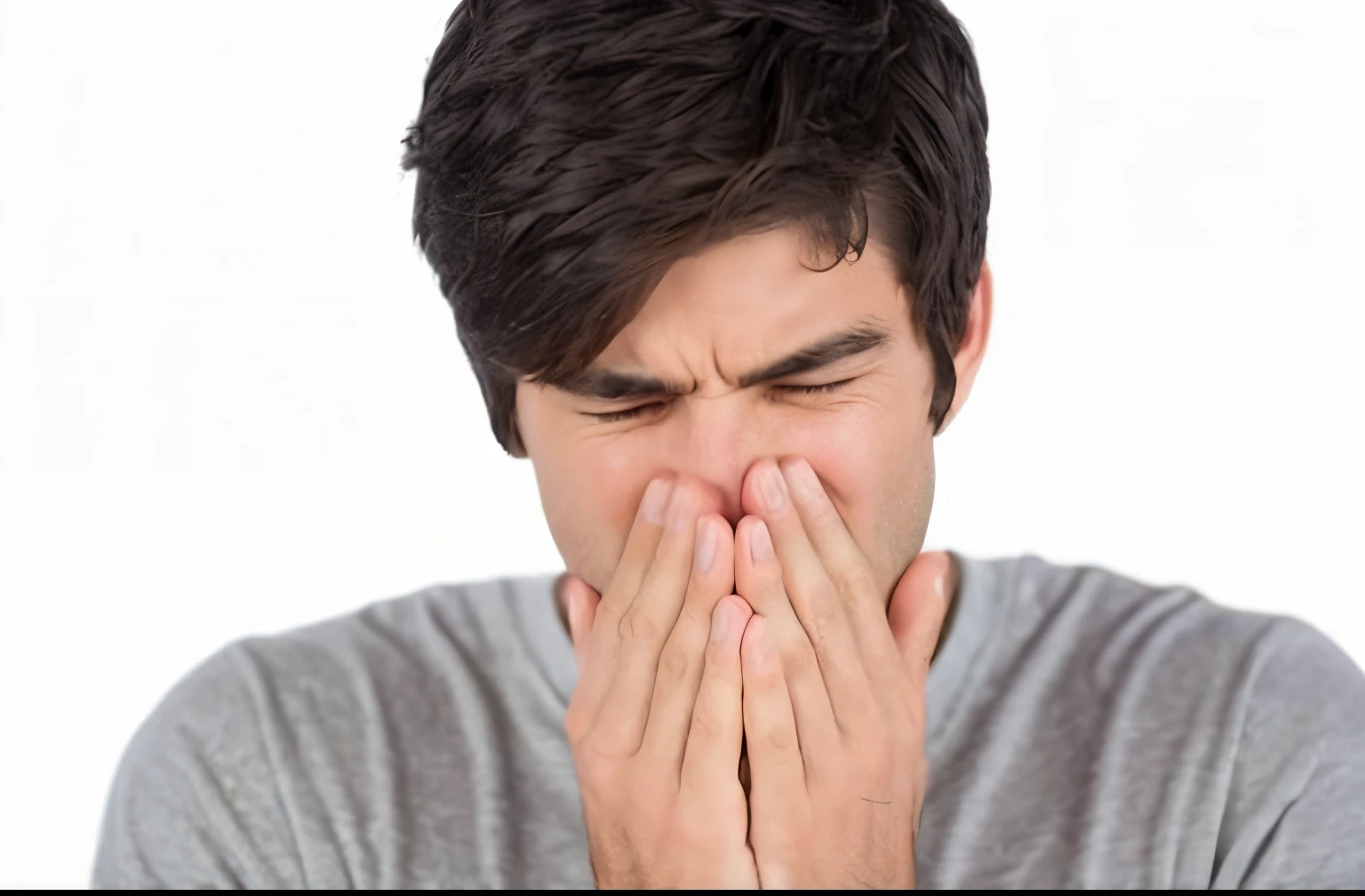 Araf man puts his hands on his face and covers his mouth, coughing, flowing mucus, feeling of disgust, Put your hand on your mouth, Got a cold, Rain and thick slime, sneering, Acid leaks from mouth, stock image, personal profile picture, bumpy nose, wide nostrils, blushed cheeks