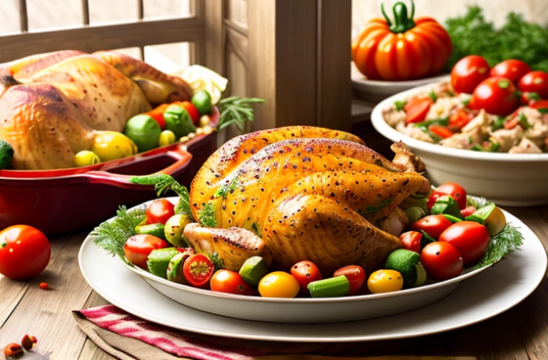 Alafi turkey，Vegetables and tomatoes in a pan on the table, window shutters, High quality food photography, vacation, simple, inventory, photo, best adobe stock, chicken, food commercial 4 k, victorian thanksgiving feast, Handsome, delicious, hd food photography, author：Alexander Giemsky, Warm and joyful atmosphere