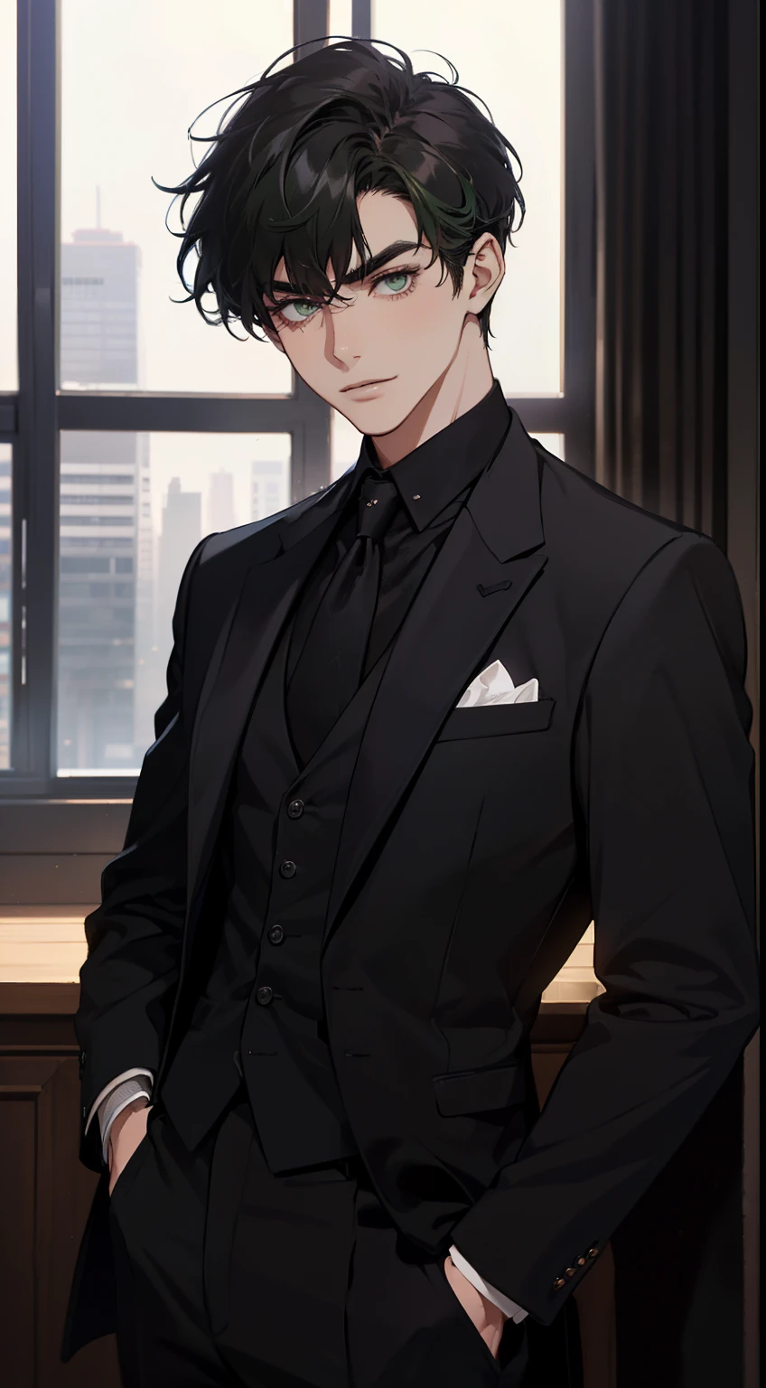 ((a young man in a black suit and tie)), taken in the early 2020s, gotham, alejandro, he looks very sophisticated, (((left side swept bang black short hair))), (dark green eyes and thick eyebrows), smirk. ((20 years old)), ((Black suite and black tie)), masterpiece, posture dynamic, one person