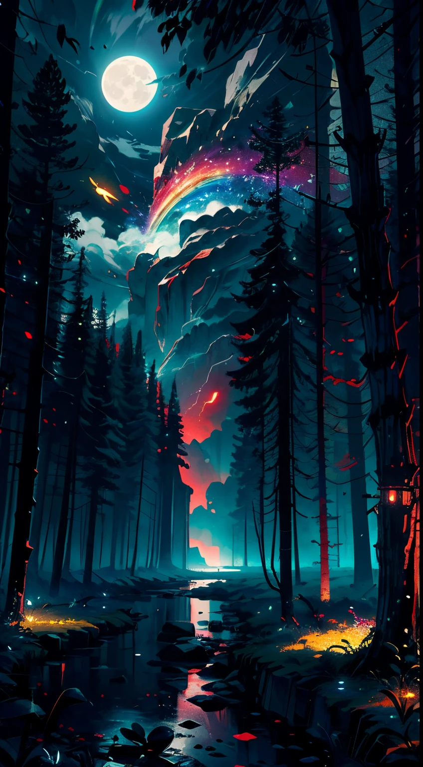 A wide landscape photo, (viewed from below, the sky is above, and the open field is below), an anime girl sitting on colorful flowers field looking up, (full moon: 1.2), (meteor: 0.9), (nebula: 1.3), distant mountains , shooting stars, Trees BREAK Crafting Art, (Warm Light: 1.2), (Firefly: 1.2), Lights, Lots of Purple and Orange, Intricate Details, colorful palette,Volumetric Lighting BREAK (Masterpiece: 1.2), (Best Quality), 4k, Ultra Detailed, (Dynamic Composition: 1.4), Rich in Detail and Color, (Rainbow Color: 1.2), (Glow, Atmospheric Lighting), Dreamy, Magical, (Solo: 1.2),