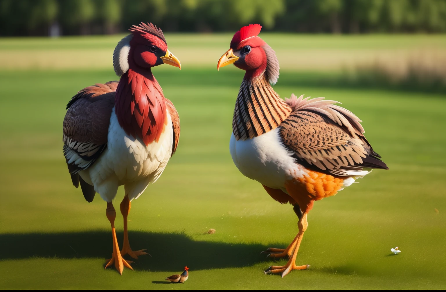(Best quality at best,Photorealistic:1.2),ultra - detailed,actual,Two turkeys standing on the grass,The beautiful,,proud look,modern,Photo by Matt Stewart