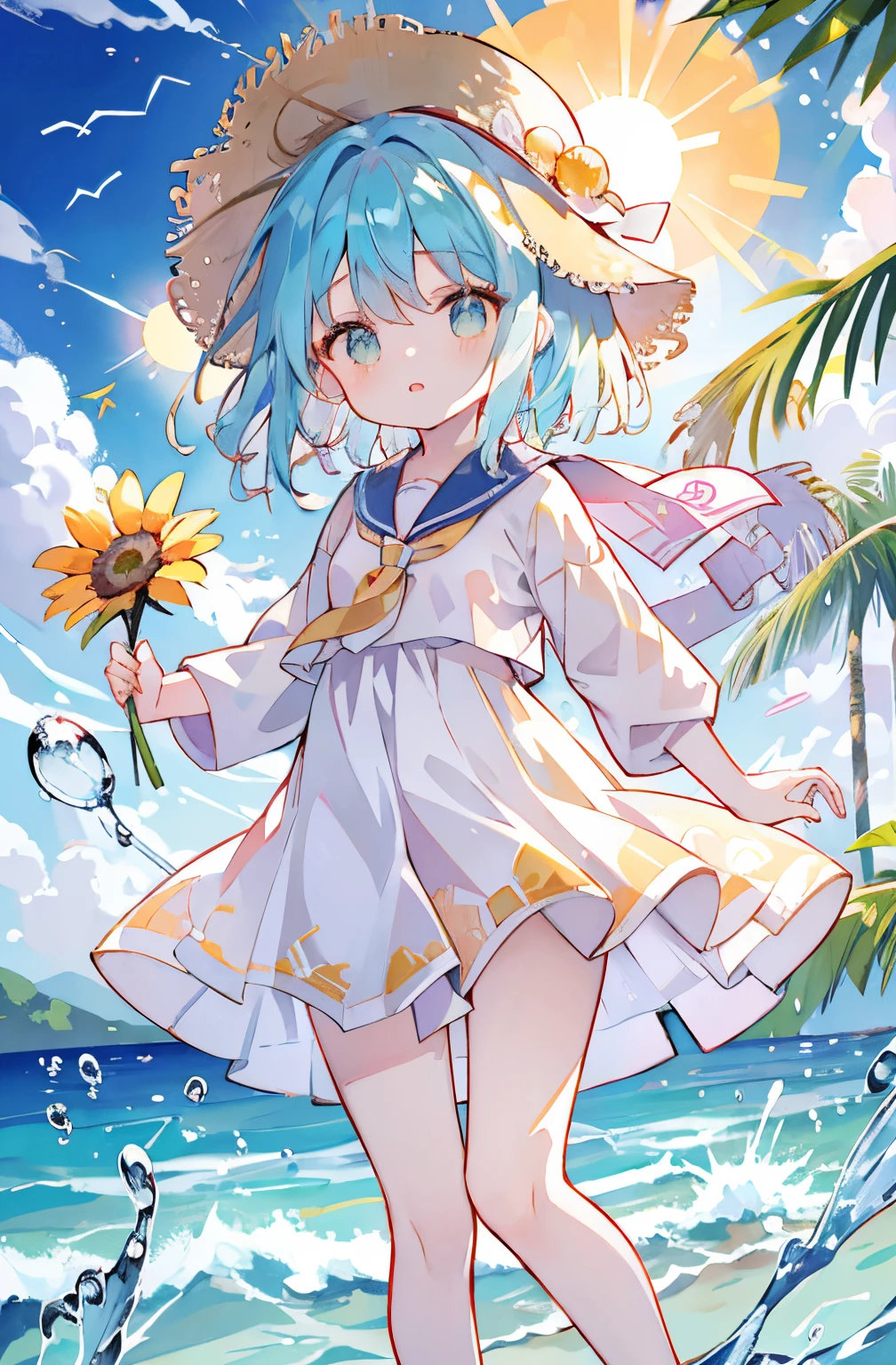  best quality:1.4), (masterpiece:1.4), ultra-high resolution, 8K, CG,1girl, solo, long hair, looking at viewer, smile, open mouth, bangs, blue eyes, hat, bow, ribbon,jewelry, beach,Kneeling on the beach,ass,looking back,back,earrings, outdoors, frills, sky, day, blue sky, side-tie bikini bottom, ocean, hat bow,bow,bikini,sun hat, straw hat,foot,full body, complete foot,((poakl)),shenhe (genshin impact),curtains, 1 girl