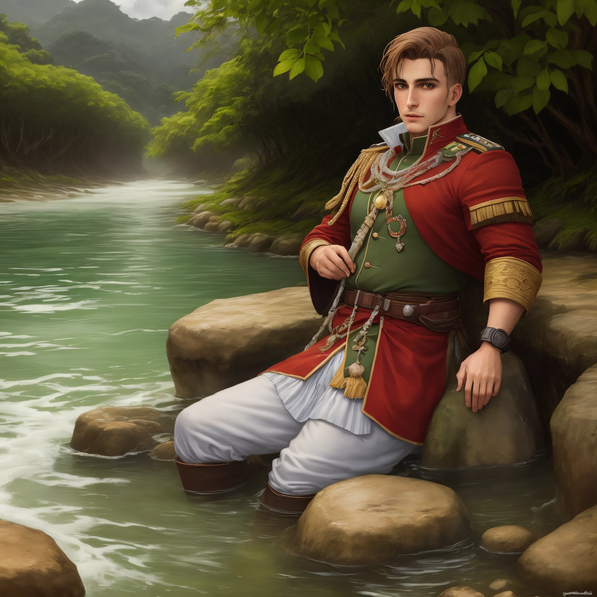 soldado romano bebendo agua as margens de um rio.