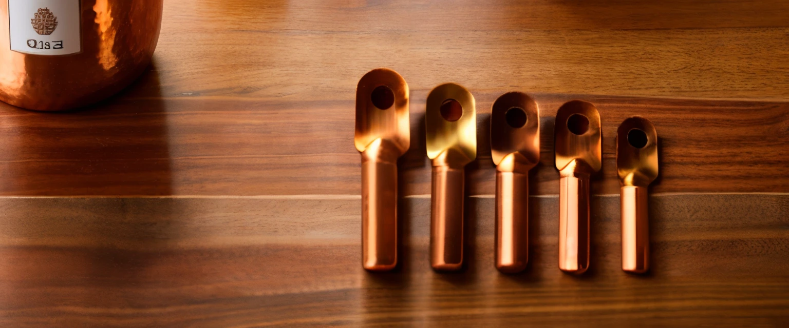 Copper accessories on wooden table, 130mm, copper, product photograph