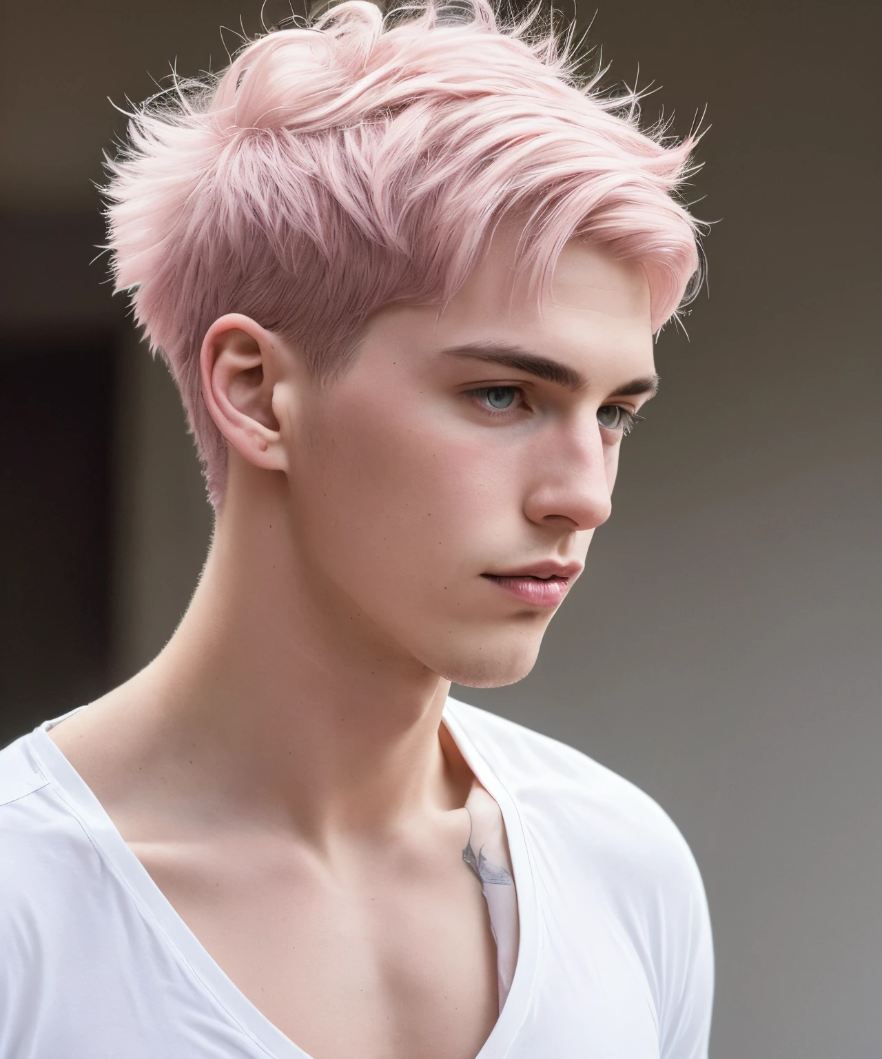 man with light pink hair。He is 188cm tall and muscular.。Hairstyle is center part。The eye color is black and sharp。His clothes are white with a high neckline.。he is a calm and collected man