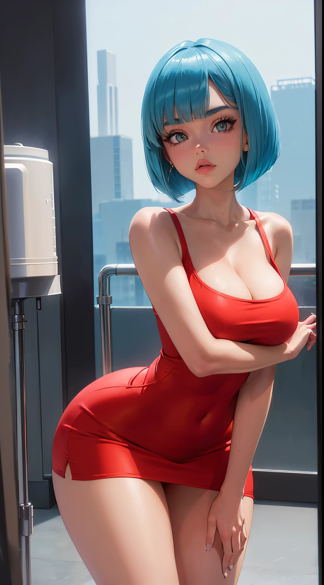 (bulma::1.2), (madisonbeer-smf::1.2), ((cyan bob hair::1.2)), (1girl:1.2), upper body photo, ((bob haircut::1.4)), portrait, sexy pose, solo, ((skinny and tall)), (red dress); short bangs, straight hair, ((skin tight glossy red dress)), (red dress::1.2)), ((big detailed eyes)), sharp jaw, full lips, earrings, big breasts, skinny, big butt, ((lab in the background::1.2)), sexy legs, short dress, cleavage, thighs