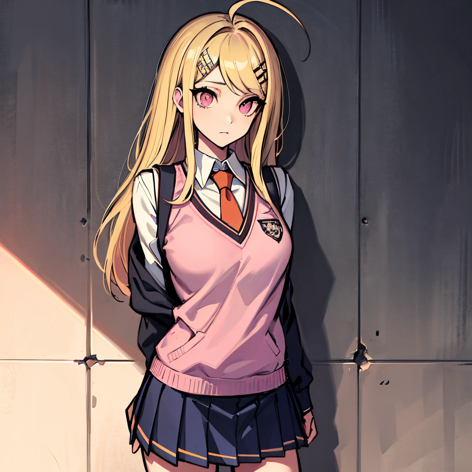 (absurdres, 8k, 4k, masterpiece, hyper extreme detailed:1.2), solo, front view portrait, best quality, portrait, solo, adult, cowboyshot, perfect anatomy, 1girl, perfect face, expressive eyes, perfect eyes, t-shirt, standing up, standing against wall, standing, kaede akamatsu, ahoge, blonde hair, hair ornament, long hair, musical note, musical note hair ornament, (pink eyes:1.2), hair ornament, necktie, pleated skirt, school uniform, skirt, sweater vest,