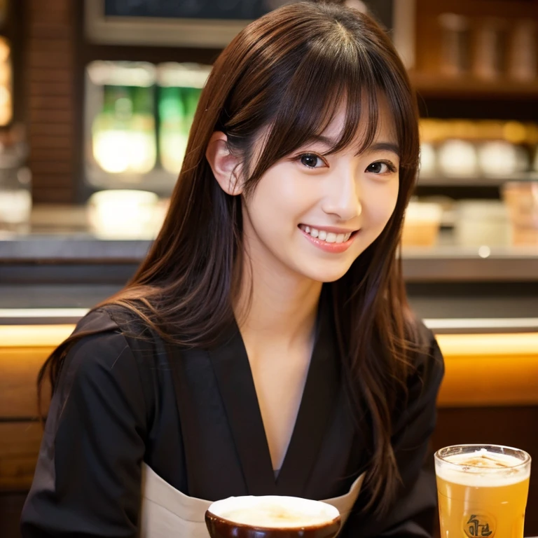 The background is an izakaya、girl with the same face as last time、holding a draft beer mug、Bustling、Black shirt、medium chest、Cute smile、4KImagen、realisitic