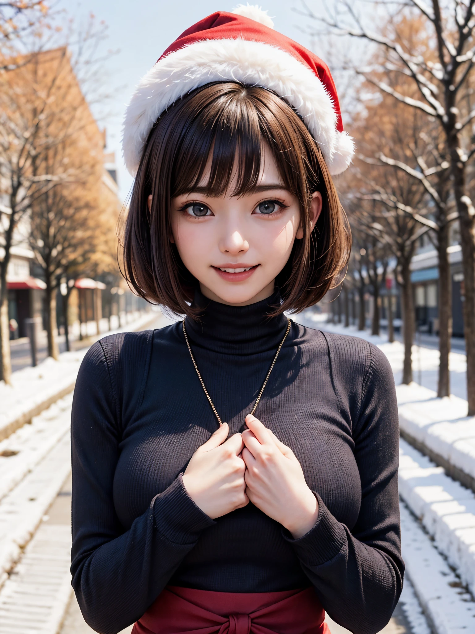 (masutepiece:1.4, top-quality、Very attractive adult beauty with a very cute smile:1.4、Add intense highlights to the eyes:1.4、Look firmly at the camera、Put your right hand on your chest、Beautiful woman full of adult charm:1.4),1girl in, 独奏, Light brown shiny hair, muffler,Santa Claus hat:1.4,realisitic, looking at the viewers, Bright colored crystal light blue eyes:1.4, short shiny hair, Santa Claus Starneck Knit、 Red and white costume of Santa Claus in a turtleneck with a round hole in the center of the chest:1.4,Sexy red and white turtleneck knit sweater with round hole in the center of chest:1.4、 s lips, lipgloss:1.4，bangss, The upper part of the body、big eye、Lashes、The face is a little red:1.4、Embarrassing)、((Canada's tree-lined streets in winter:1.4))、((Brunette short bob hair with bangs、big eye、Put very strong highlights in your students:1.4、{Gigantic|Big|Huge|Mega} breasts:1.4、very Bigger breasts、gazing at viewer、Very beautiful beauty、Put your ears out:1.4、long neck:1.4、little smiling、Beautiful teeth、Open your mouth and smile:1.4))、28 year old:1.4、Very cute supermodel:1.4、