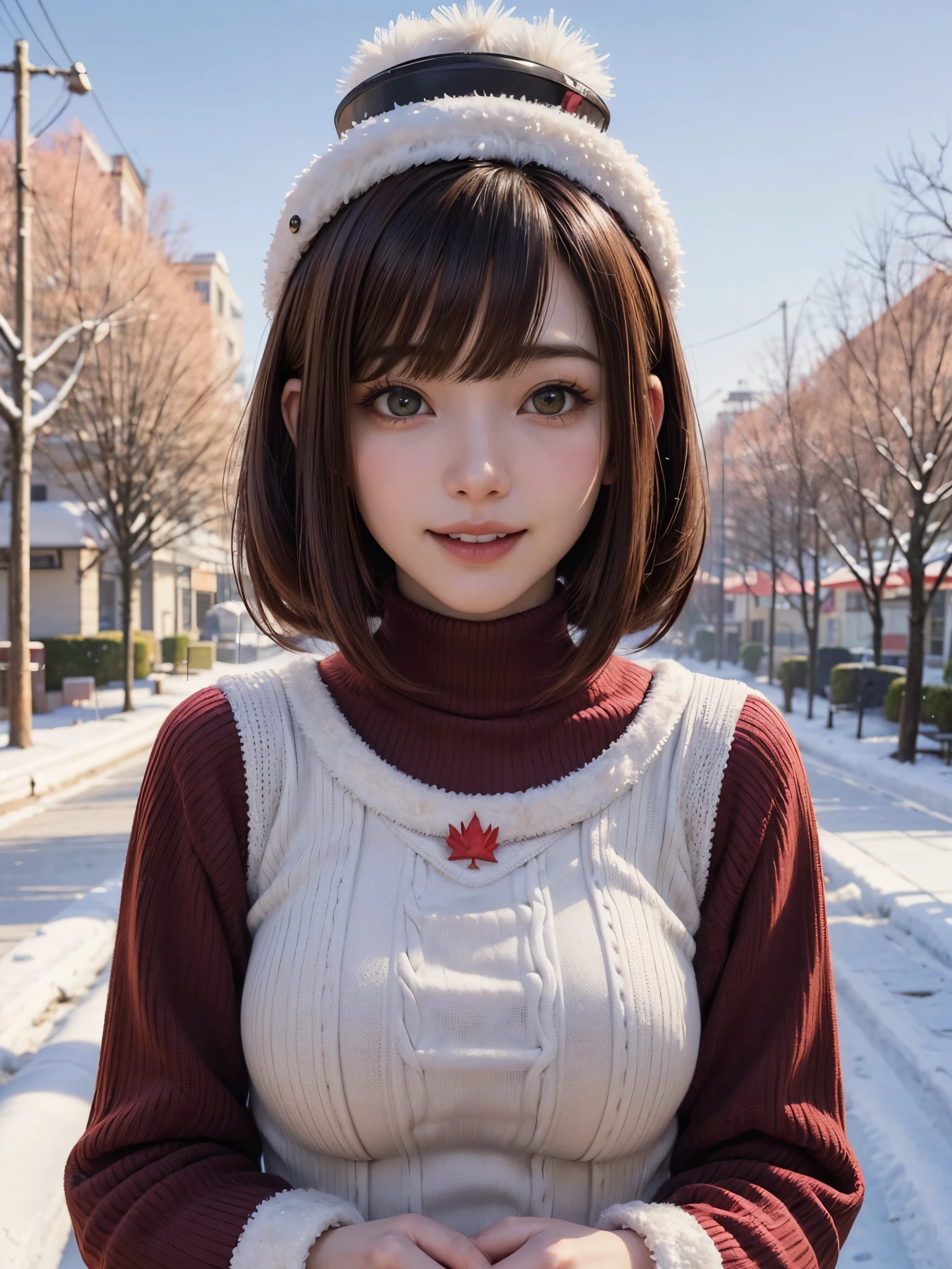 (masutepiece:1.4, top-quality、Very attractive adult beauty with a very cute smile:1.4、Add intense highlights to the eyes:1.4、Look firmly at the camera、Put your right hand on your chest、Beautiful woman full of adult charm:1.4),1girl in, 独奏, Light brown shiny hair, muffler,Santa Claus hat:1.4,realisitic, looking at the viewers, Bright colored crystal light blue eyes:1.4, short shiny hair, Santa Claus Starneck Knit、 Red and white costume of Santa Claus in a turtleneck with a round hole in the center of the chest:1.4,Sexy red and white turtleneck knit sweater with round hole in the center of chest:1.4、 s lips, lipgloss:1.4，bangss, The upper part of the body、big eye、Lashes、The face is a little red:1.4、Embarrassing)、((Canada's tree-lined streets in winter:1.4))、((Brunette short bob hair with bangs、big eye、Put very strong highlights in your students:1.4、{Gigantic|Big|Huge|Mega} breasts:1.4、very Bigger breasts、gazing at viewer、Very beautiful beauty、Put your ears out:1.4、long neck:1.4、little smiling、Beautiful teeth、Open your mouth and smile:1.4))、28 year old:1.4、Very cute supermodel:1.4、