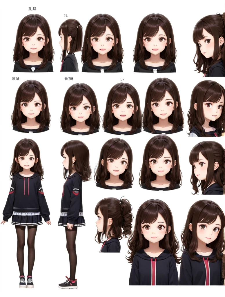 Sweet innocent girl, 153 cm tall, douyin face, cute face Features, Brown honey eyes and black fluffy wavy hair with bangs, full body view, side view and front view, sweet girl features