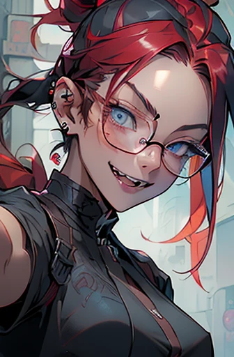 1nerdy 30yo Japanese woman with glasses, (braided multicolored hair:1.5), ((boyish)), (low pony tail:1.5), ((messy hair:1.0), (two-tone hair:1.5), (half black and half red hair:1.5)), ((on the left side is black hair:1.5), (on the right side is red hair:1.5)), (((black-rimmed round glasses))), (((beautifully detailed face))), (((perfect face))), (((Beautiful detailed eyes))), (((perfect eyes))), sharp eyes, (Dark Blue eyes:1.5), (gothic makeup with so many eyelashes and jet black eyeshadow), ((sadistic grinning smile:1.2), (open mouth:1.5)), (bronze skin:1.5), ((open stand neck blazer), (loose t-shirt)), street fashion, sport pants, (Solo), perfect , slender, small bust, abs, (thin waist), (handsome face:1.3), ((crazy smile:1.0), (teeth fangs:1.3)), (dark skin:1.5), (Narrowed Eyes:1.1), (staring at me:1.3), (half-closed eyes:1.4), (natural forehead:1.2), (piercings:1.3), (((black thick rimmed glasses))), (selfie shot angle:1.5), (high detailed skin), ((top-quality)), ((High Definition)), ((beautiful detailed)), high quality shadow, mostly cloudy sky, ((official art)), octane render, Cyberpunk city street background, White balance, Long Exposure, Depth of Field, anatomically correct, (((Best Quality))), (((masterpiece))), (((Super Detail))), (((UHD)))