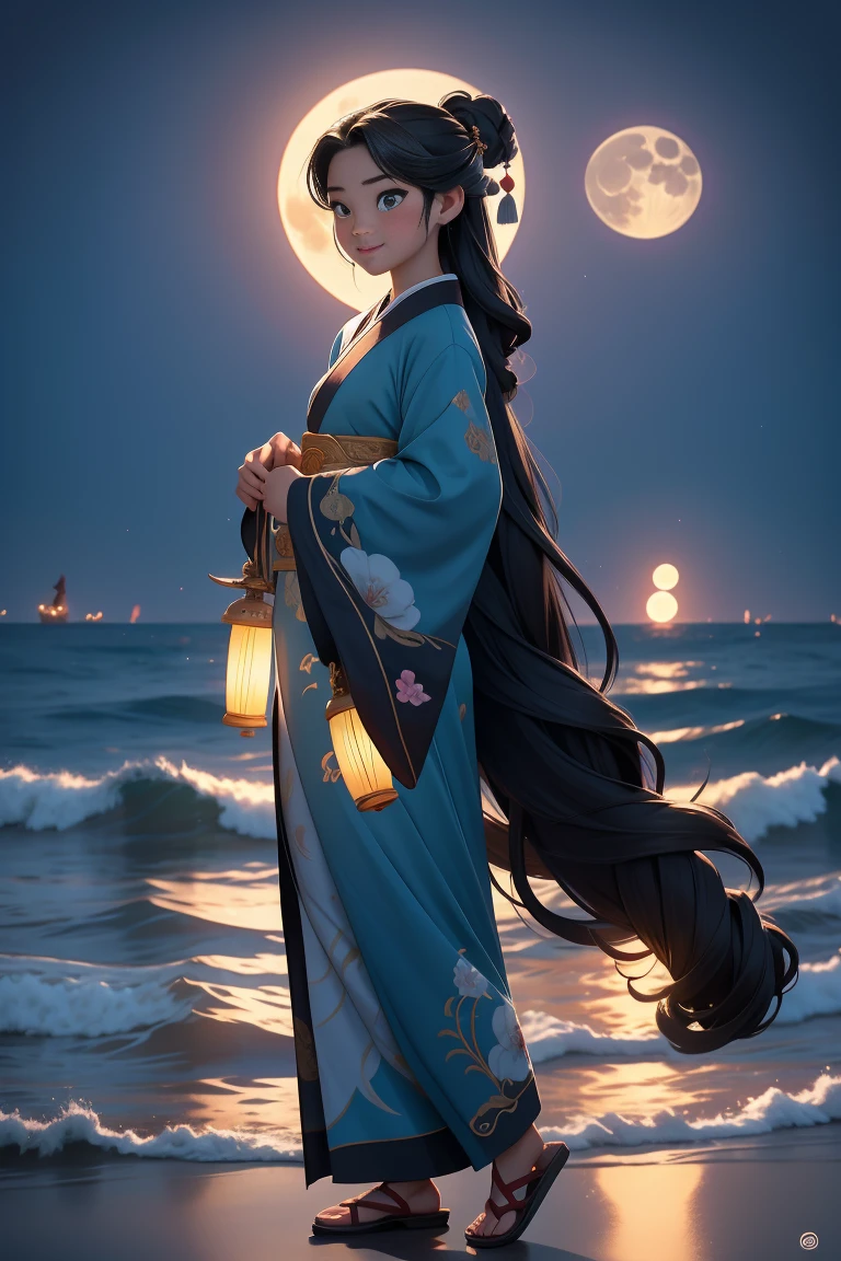 tmasterpiece, best qualityer, Seventeen-year-old girl, long whitr hair，Black color hair，Hanfu，Relax on the beach，ssmile，The full moon gradually rises from sea level，the night，the ocean，calm seas，inverted image，coconut palms，（（There are many lanterns floating in the sky））, pixar-style，Disney  style，Chinese style