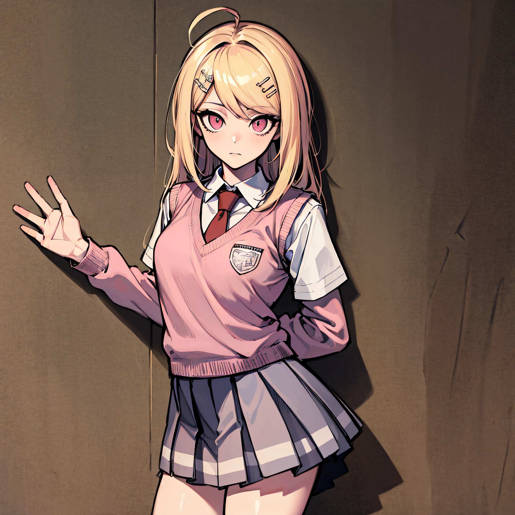 (absurdres, 8k, 4k, masterpiece, hyper extreme detailed:1.2), solo, front view portrait, best quality, portrait, solo, adult, cowboyshot, perfect ???????, 1girl, perfect face, expressive eyes, perfect eyes, t-shirt, standing up, standing against wall, standing, kaede akamatsu, ahoge, hair ornament, long hair, musical note, musical note hair ornament, (pink eyes:1.2), hair ornament, necktie, pleated skirt, school uniform, skirt, sweater vest, large bust, bound, bondage, (arms behind back:1.4), bdsm, tape gag, tape, tape bondage, close-up, restrained, best anatomy, half body, taped thighs, taped legs, legs together, tape wrapped, wrap gag, tightly bound, tape wrapped around face, tape above breasts, tape below breasts, platinum blonde hair,