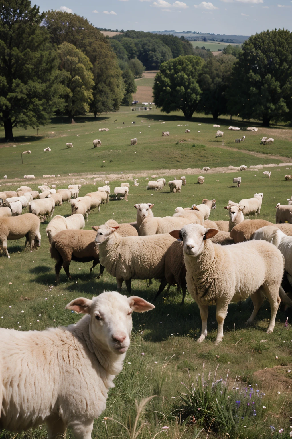 Meadow sprouted with grain, shepherd with a crowd of sheep and a dog