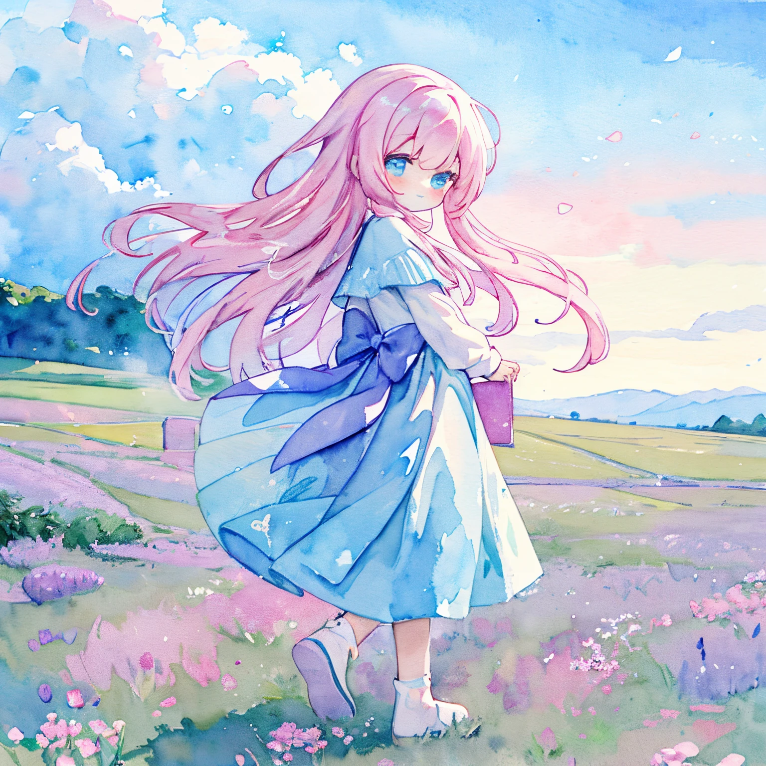 1girl with、30 year-old woman、from side、Fluttering hair、A smile、striking contrast、Beautifully detailed、、(PastelColors:1.5)、、(watercolor paiting:1.2)、A smile、1girl in、pink there、blue-sky、white clouds、Lavender fields、Breeze、Bright sunlight、veils、full body Esbian、、looking at the viewers
