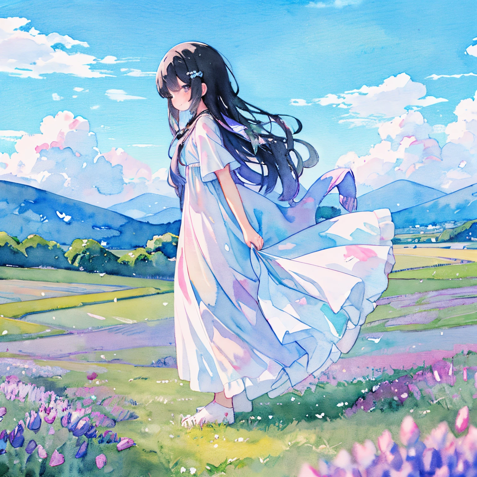 １girl with、30 year-old woman、from side、Fluttering hair、A smile、striking contrast、Beautifully detailed、、(PastelColors:1.5)、、(watercolor paiting:1.2)、A smile、1girl in、pink there、blue-sky、white clouds、Lavender fields、Breeze、Bright sunlight、veils、full body Esbian、、looking at the viewers