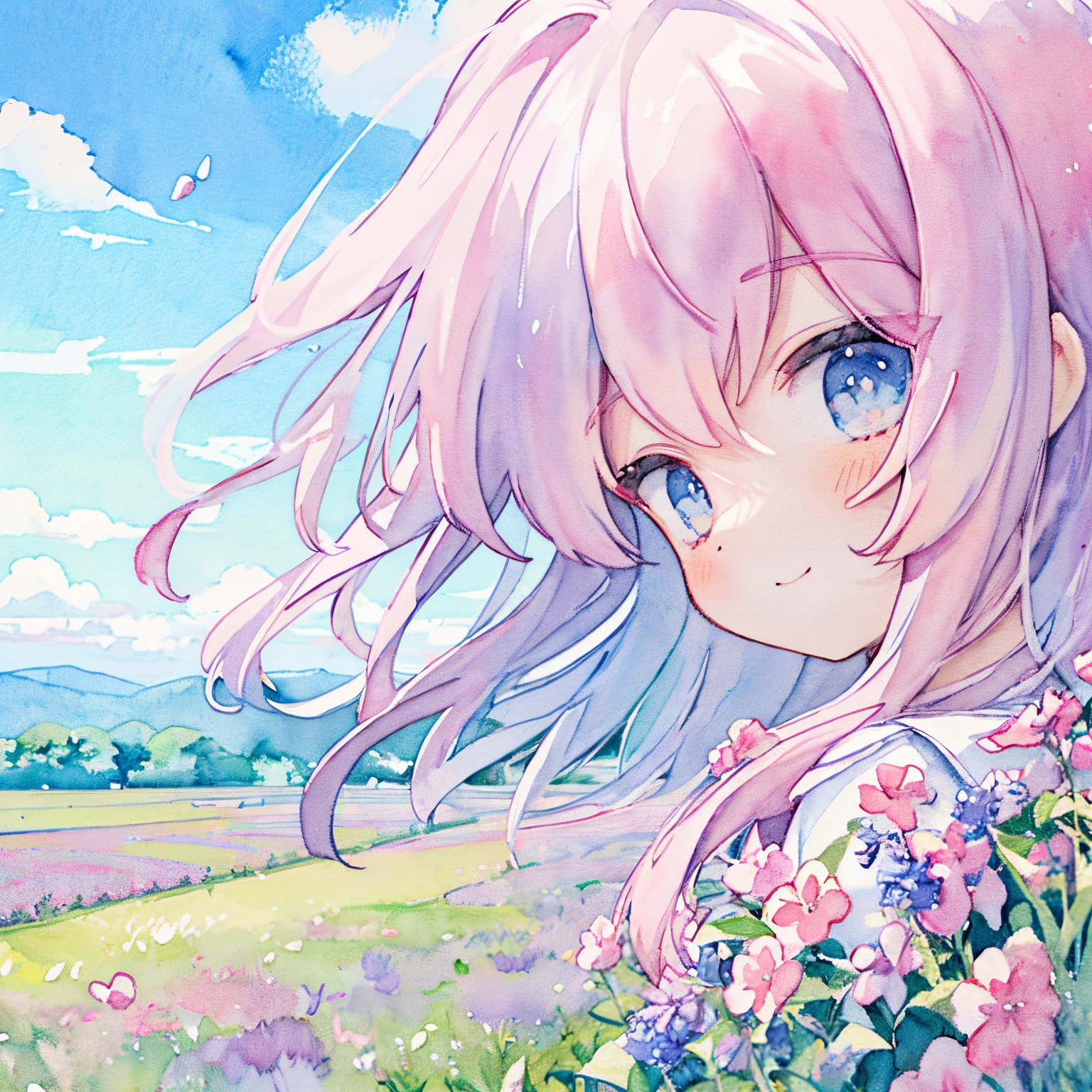 １girl with、30 year-old woman、from side、Fluttering hair、A smile、striking contrast、Beautifully detailed、、(PastelColors:1.5)、、(watercolor paiting:1.2)、A smile、1girl in、pink there、blue-sky、white clouds、Lavender fields、Breeze、Bright sunlight、veils、full body Esbian、、looking at the viewers