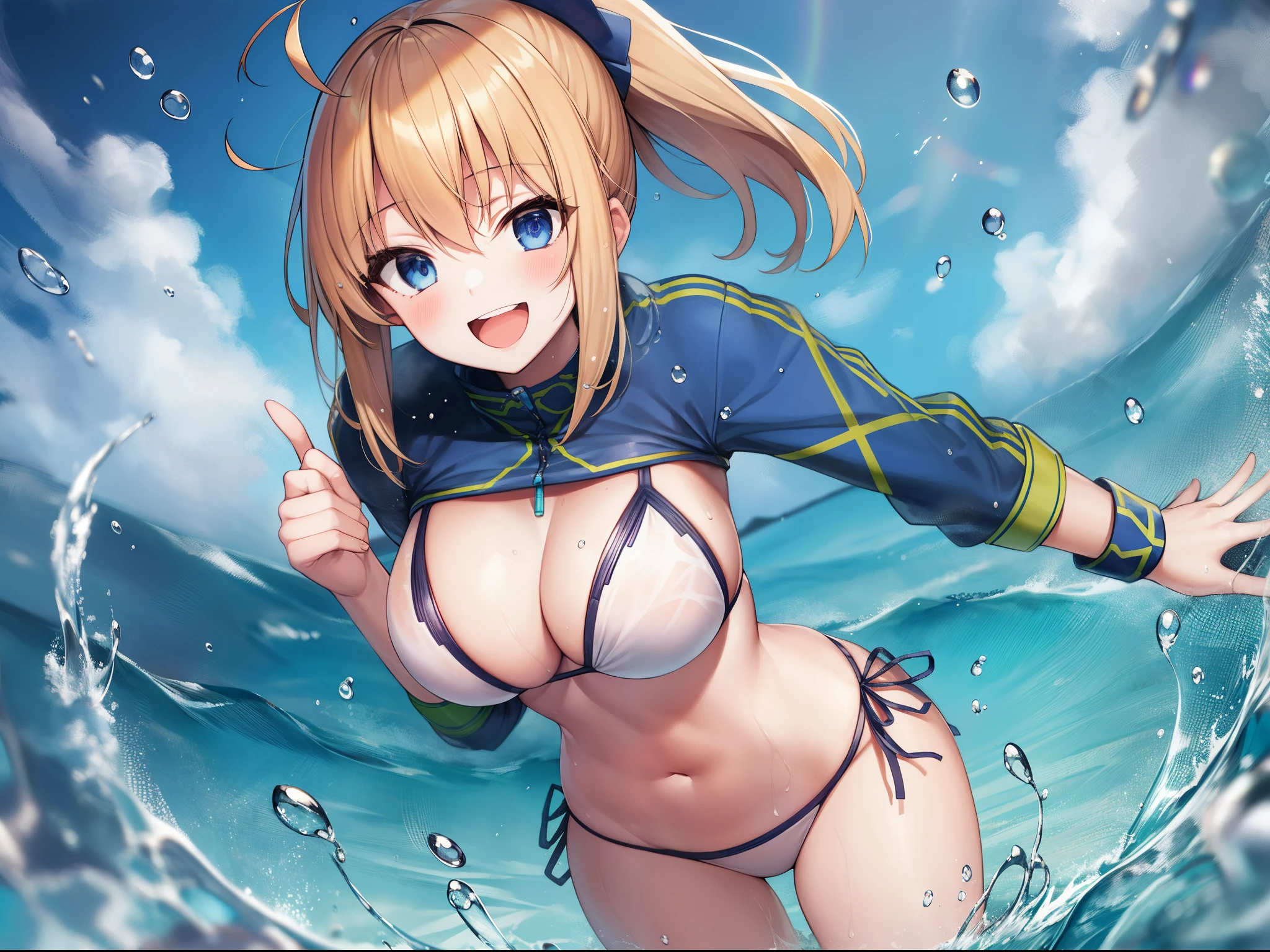 masterpiece,(ultra-detailed),1girl, mysterious heroine xx \(fate\), smile,open mouth, swimsuit, white bikini, side-tie bikini bottom, shrug \(clothing\), jacket,  thigh strap, wristband,  large breasts, ocean, splashing,