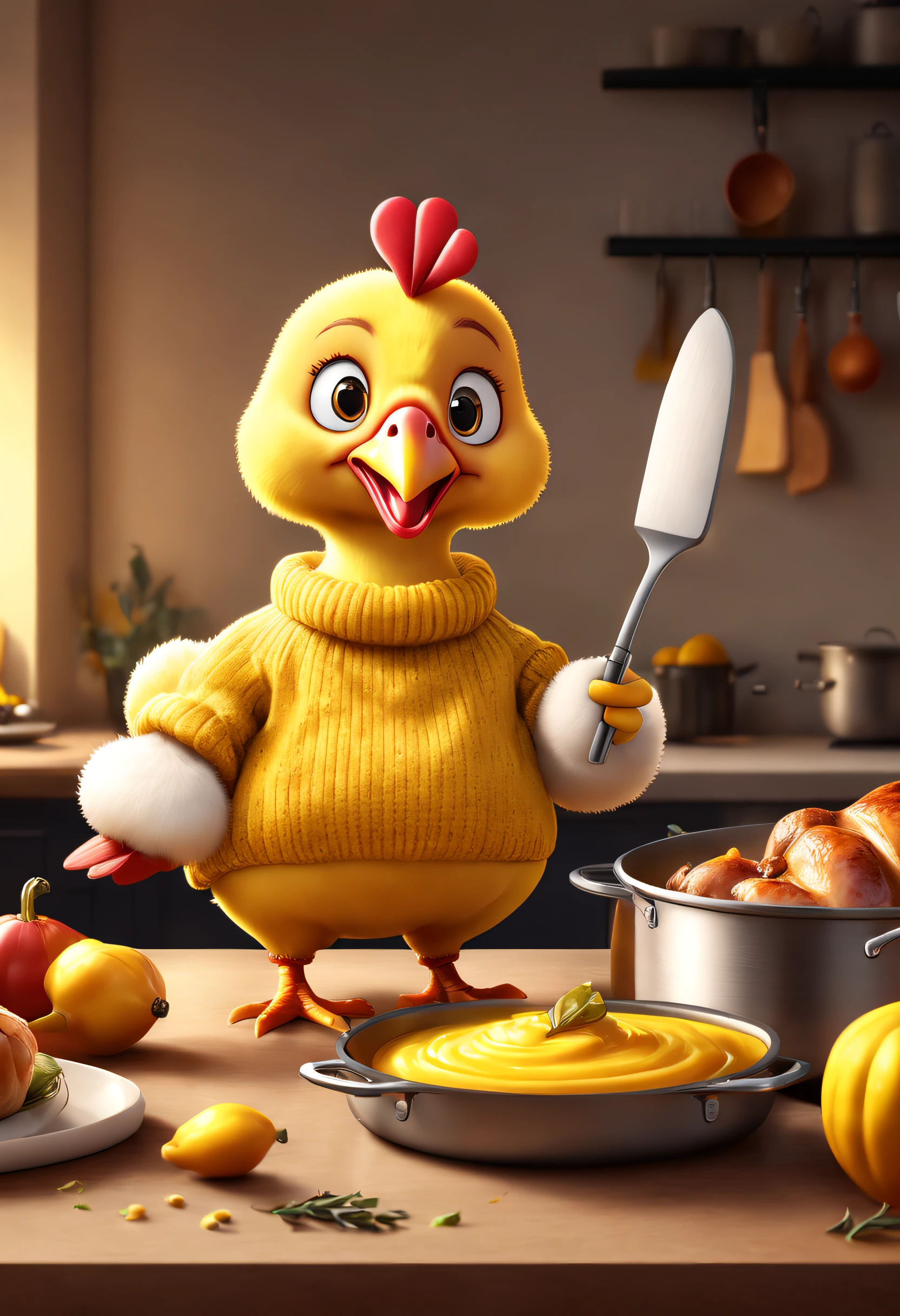 Brand advertising, Creative poster, Cute turkey cooking in stylish yellow sweater，Pixar Zwilling, 3 Rendering, Focus sharp, ultra-realistic realism, Fluffy, fantasy engine, 5 quality rendering, 3 Rendering, furry art,