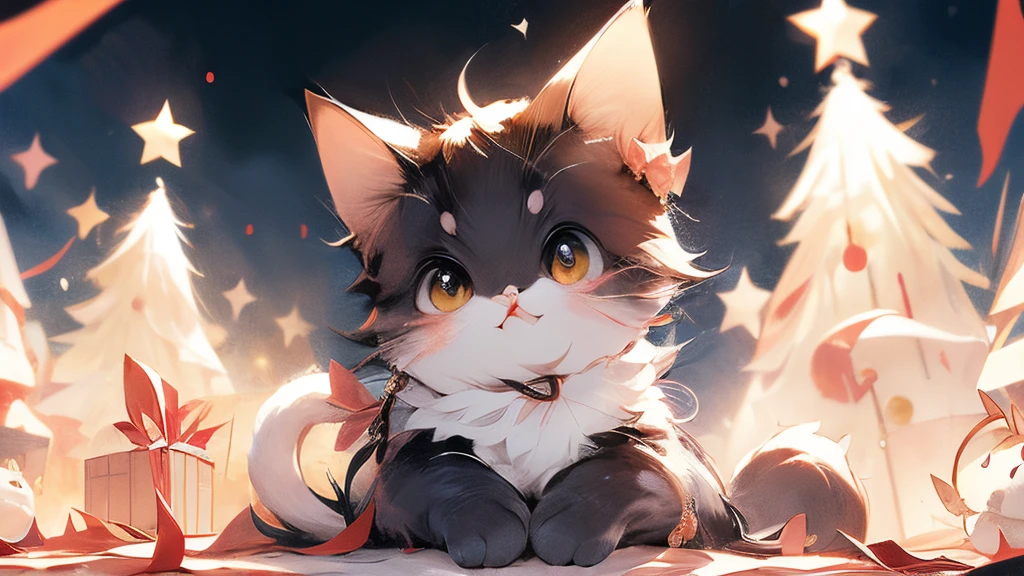 (masutepiece:1.2, High quality),Cat, absurderes, hight resolution, ultra-detailliert, catss, black cat、Black cat、Akame、Red eyes、Red eyes、kawaii、accessorized、kirakira、Red ribbons、frilld、Christmas、Winters、yuki、snow、Christmas tree、present、Nud、The warm、stele、With background