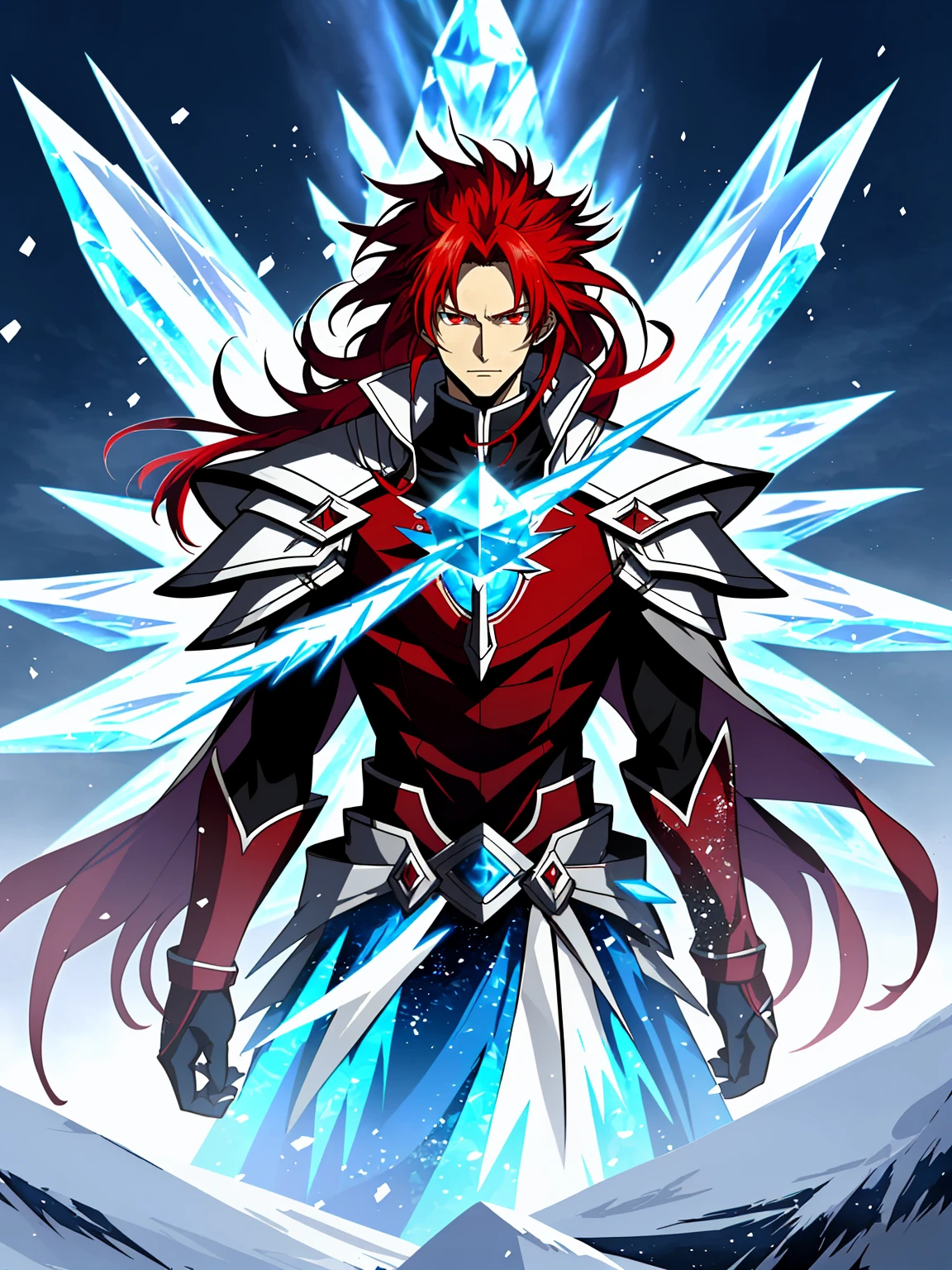 Anime character with long red hair in the snow scene, Ice Mage,Tall anime characters，red eyes, Key anime art, male anime characters, ice crystal armor, Detailed key animation art, Magic Knight complete avatar, Infrared sleeve, Possess the power of ice