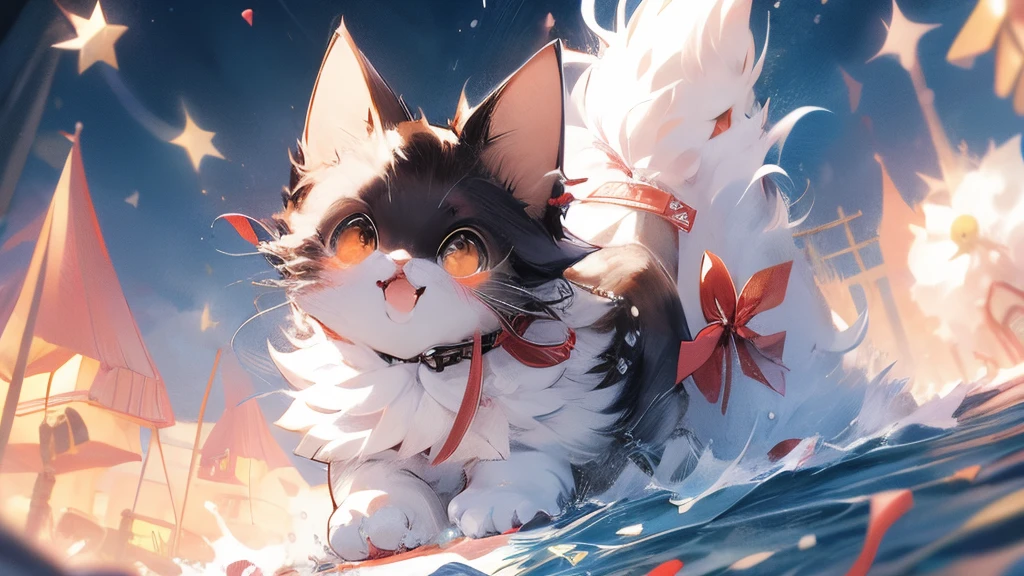 (masutepiece:1.2, High quality),Cat, absurderes, hight resolution, ultra-detailliert, catss, black cat、Black cat、Akame、Red eyes、Red eyes、kawaii、accessorized、kirakira、Red ribbons、frilld、Christmas、Winters、yuki、snow、Christmas tree、present、Nud、The warm、stele、With background