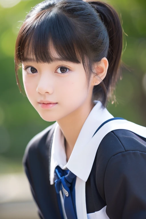 (Beautiful 14 year old Japanese female), cute face, (deeply carved face:0.7), (freckles:0.6), soft light,healthy white skin, shy, (serious face), (sparkling eyes), thin, smile, uniform