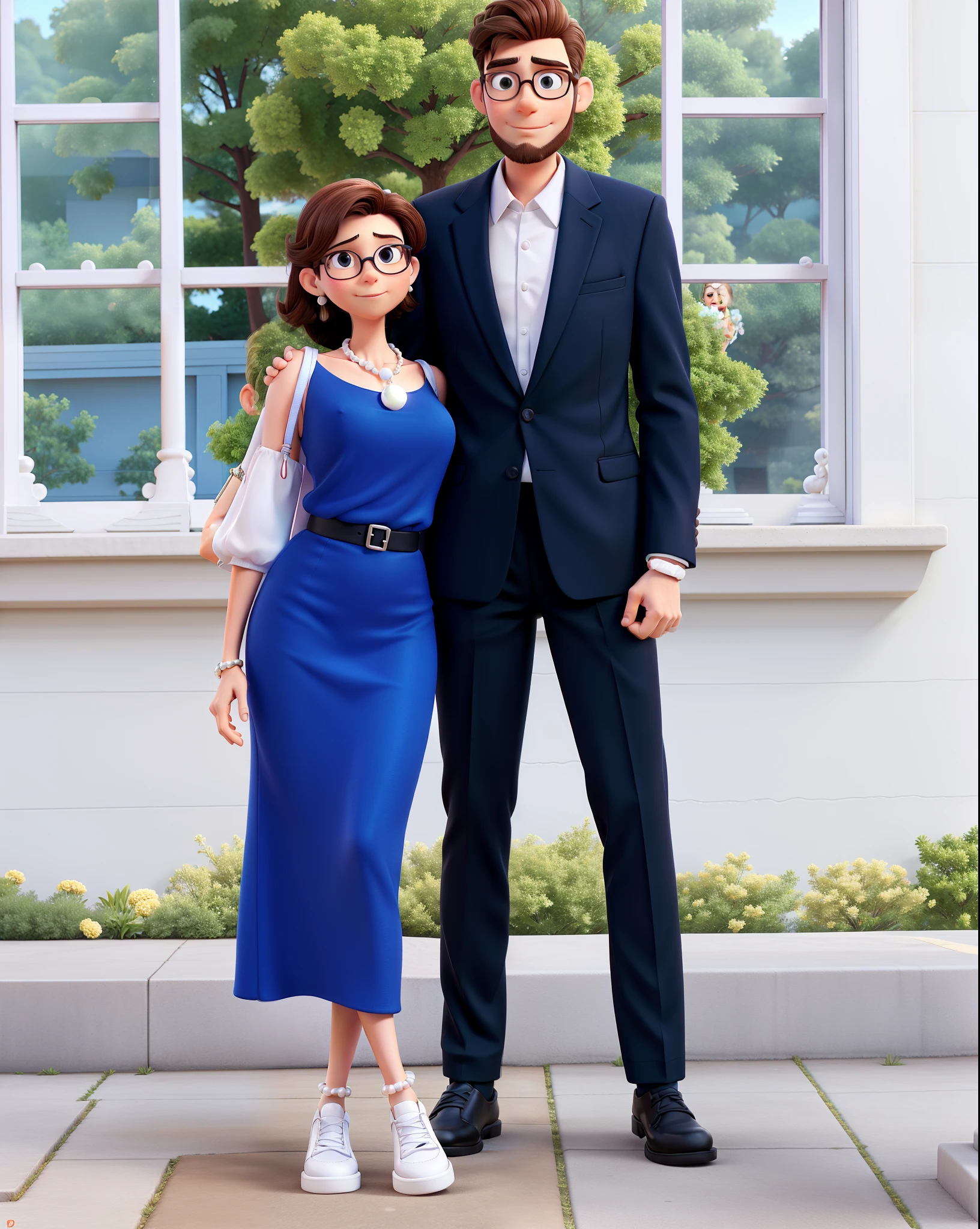 there is a man and woman standing next to each other holding by the waist, profile image, lovely couple, boy slim and tall, boy have slight beard around the mouth and chin, both have Tan skin color, girl short and slim wearing reading glasses, girl dressed in blue, wearing white anklet strap shoes, wearing white color purse hanging on right shoulder, and white pearl earrings and a simple pearl necklace. an elegant couple, boy dress in black suit with a white shirt.