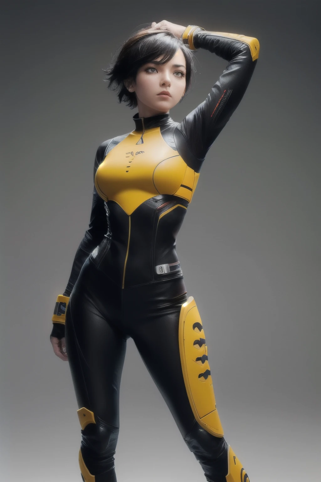 best quality, masterpiece, aesthetic, full-body dynamic pose high quality, 1girl punching, android, (yellow and black) upper armor, mechanical arms, short punk hair, black hair, white background, intense expression, looking at viewer, (simple background:1.4), anime