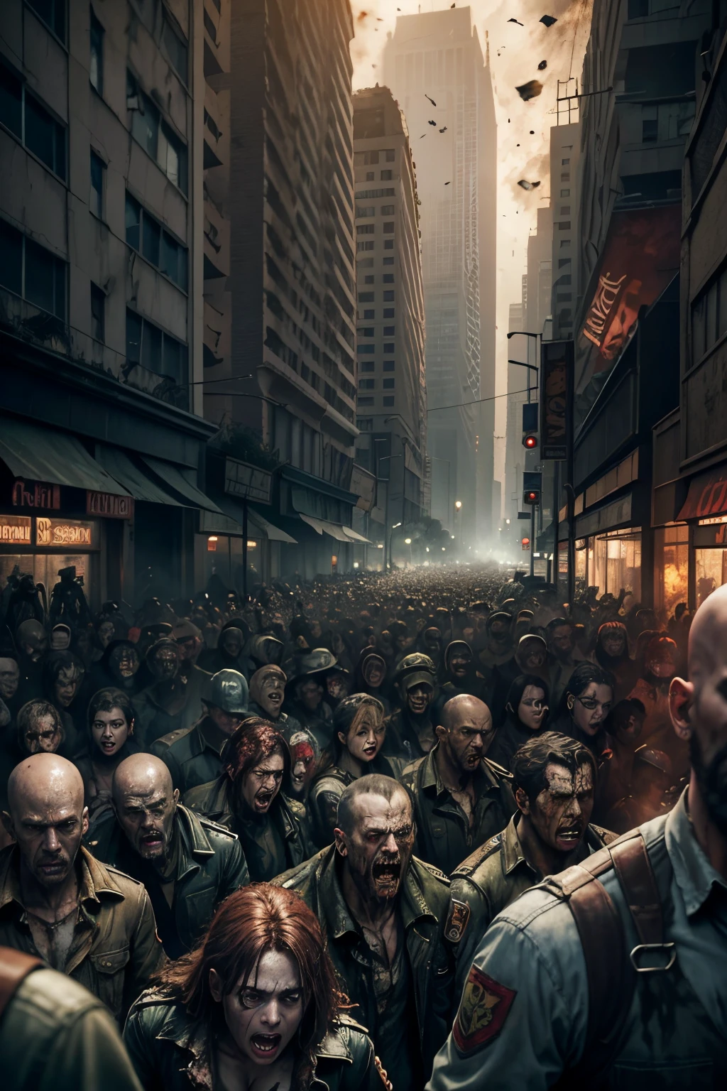 Zombies tearing at crowds in the streets，Outbreak of zombie virus in the crowd，Chaotic and dilapidated streets，A crowd fleeing in panic，Armageddon，Zombie games，Resident Evil，Realistic scenes，ultraclear，Lots of detail