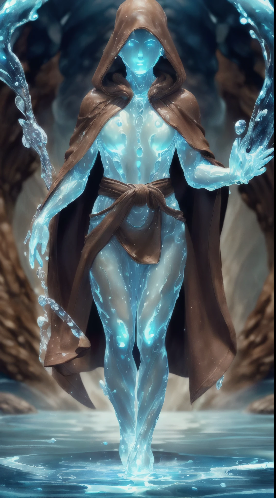 4k photorealistic, (Alone, water elemental, humanoid body made of water:1.2, brown travel robe, brown cape, Oak cane, Completely cover the body:1.5), liquid aesthetics, (Skin is made of water:1.5, Clear skin:1.5), full bodyesbian, (Small town background), Fantasyart, being made of water, body of water, Monster, femele, Feminine elements