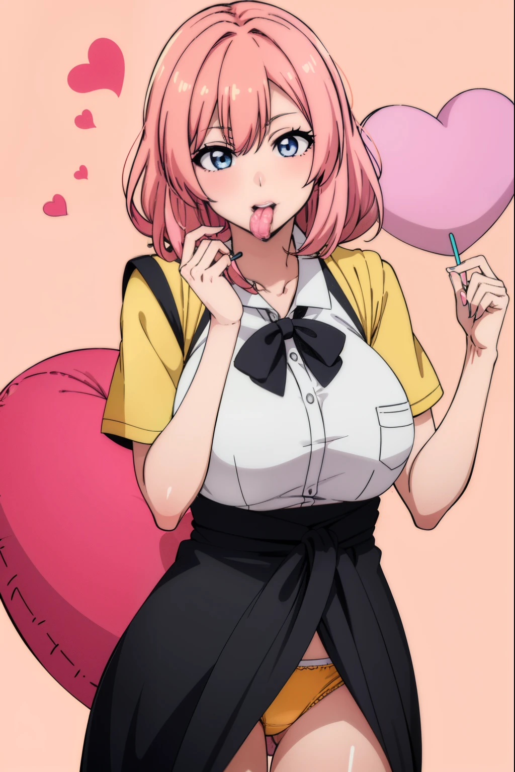 Cute girl, with a big lollipop in her hand, Large round lollipop, lollipop, Yellow clothes, Errors in drawing hands, Multicolored lollipop, candy, Umm Al-Candy, Draw hands better, Israel, Eggs, dolls, Tongue outside the mouth, Israel Flag, Balloons, hearts, Israeli girl, underwear, Pink hair, licking a lollipop, coitus, Girl watching anime, otaku,sexy body, cake, Yellow underwear, Shinigami clothes, milk, juice