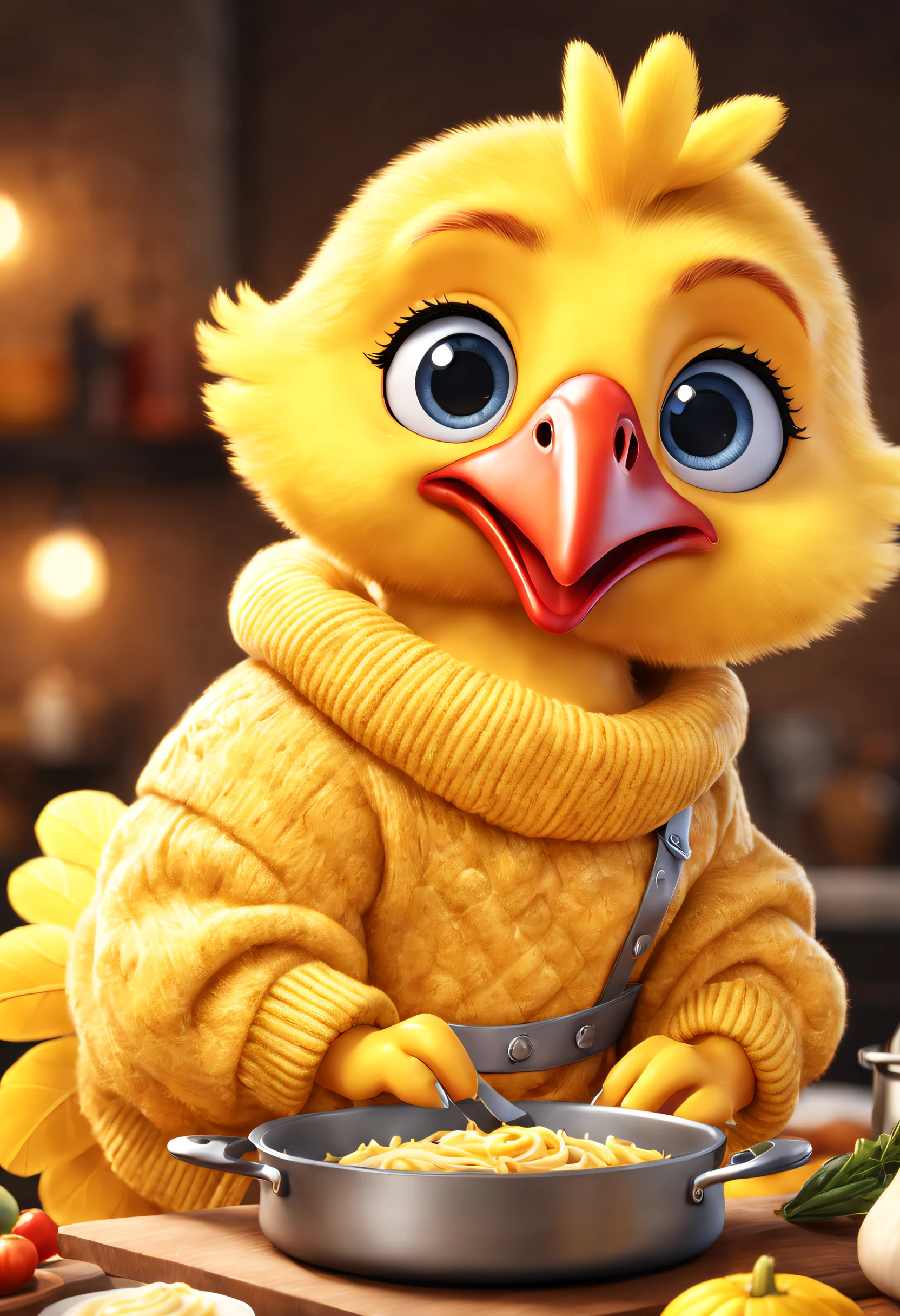 Brand advertising, Creative poster, Cooking cute turkey in stylish yellow sweater，Pixar Zwilling, 3 Rendering, Focus sharp, ultra-realistic realism, Fluffy, fantasy engine, 5 quality rendering, 3 Rendering, furry art,