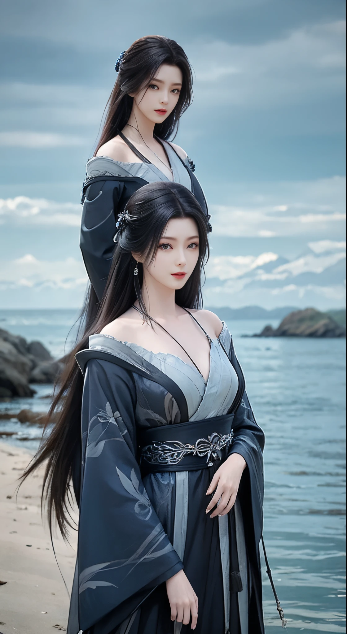 A woman in a blue dress standing on the beach, Digital painting inspired by blue eagle, cgsociety contest winner, Fantasyart, Queen of the Sea Mu Yanling, Dawn CG Association, beautiful fantasy empress, full body cgsociety, cgsociety 8k, cgsociety 8k, cgsociety 8k, cgsociety contest winner!!