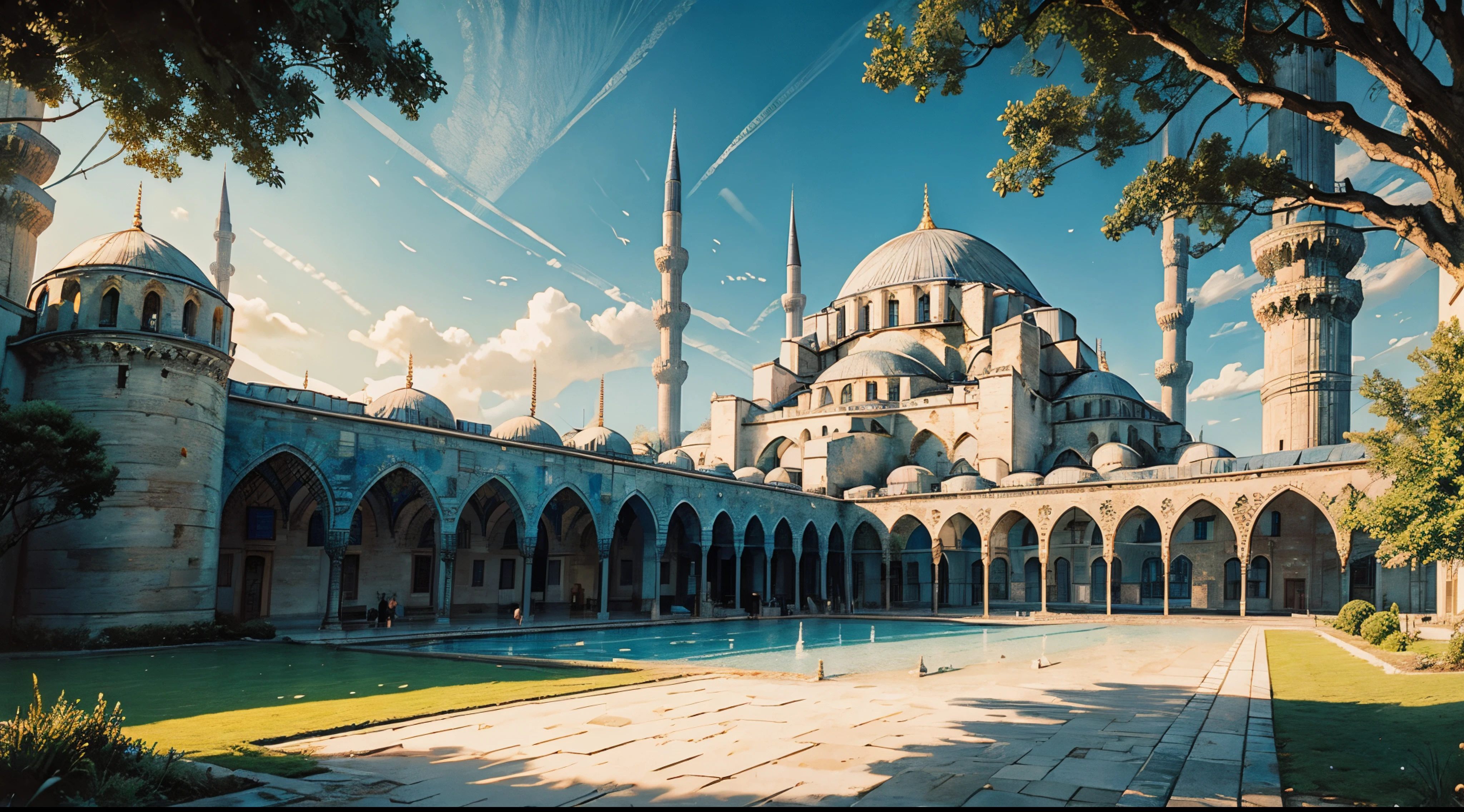 masterpiece, (Blue Mosque), mosque made of stone,6 spiky towers, made of blue stones, sea on the background, bright day, how weather, green trees, huge dome, religious painting