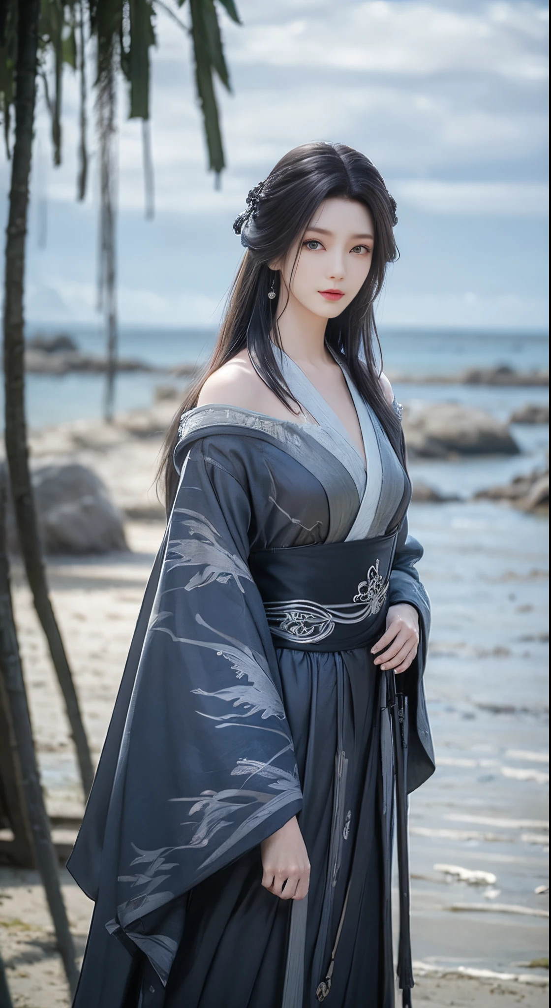 A woman in a blue dress standing on the beach, Digital painting inspired by blue eagle, cgsociety contest winner, Fantasyart, Queen of the Sea Mu Yanling, Dawn CG Association, beautiful fantasy empress, full body cgsociety, cgsociety 8k, cgsociety 8k, cgsociety 8k, cgsociety contest winner!!