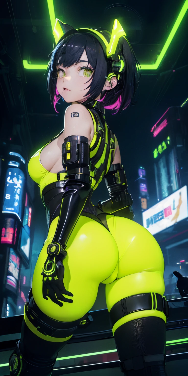 top-quality))、((​masterpiece)、cyberpunked、Big buttocks、Electronic visor attached to 12-year-old girl's face with emphasis on buttocks、Cyberpunk Fashion、Sexy Posing、((Wearing yellow body spats on the lower body))、Breasts enlarged、Neon lights in dark city at night、(Various poses)