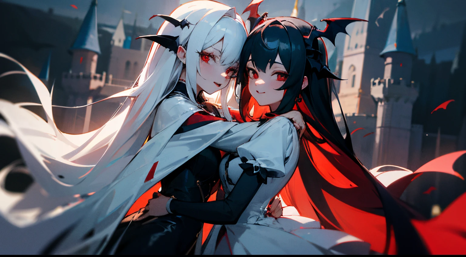 2 girls hugging each other, each white and black long hair, red eyes, wearing gosloli, vampire castle, absurdres, high res, ultrasharp, 8K, masterpiece, looking at viewer