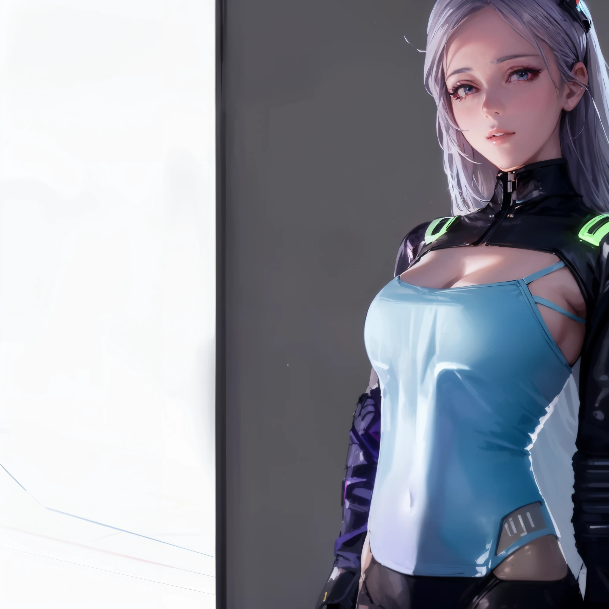 Anime style rendering of woman wearing blue and black clothes, perfect android girl, android heroine, 3D rendered figure art 8K, female cyberpunk anime girl, an oppai cyberpunk, beautiful female android!, Cyberpunk turns 20. Oooooh,Model girl, photorealistic anime girl rendering, cyberpunk anime girl, Robot-silver-haired girl, beautiful android woman, Integrated synthetic robot