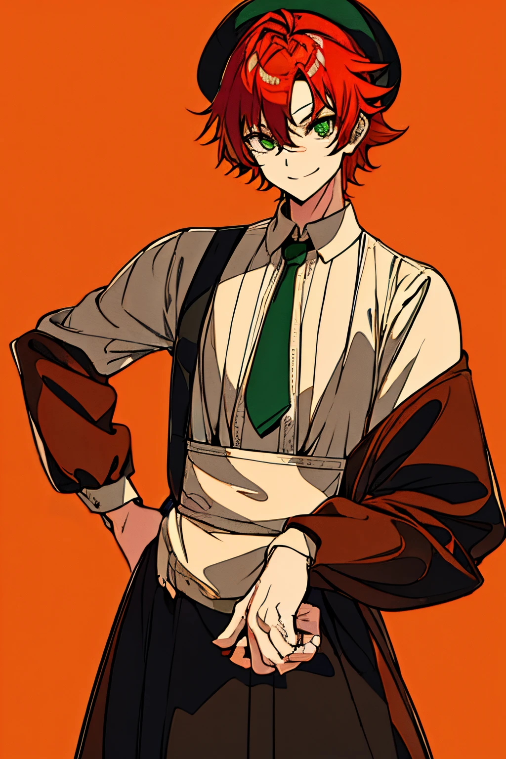 One guy、orange color hair、Green eyes、Character inspired by Neapolitan、friendly and popular personality、Waiter's clothes、Standing picture、a smile