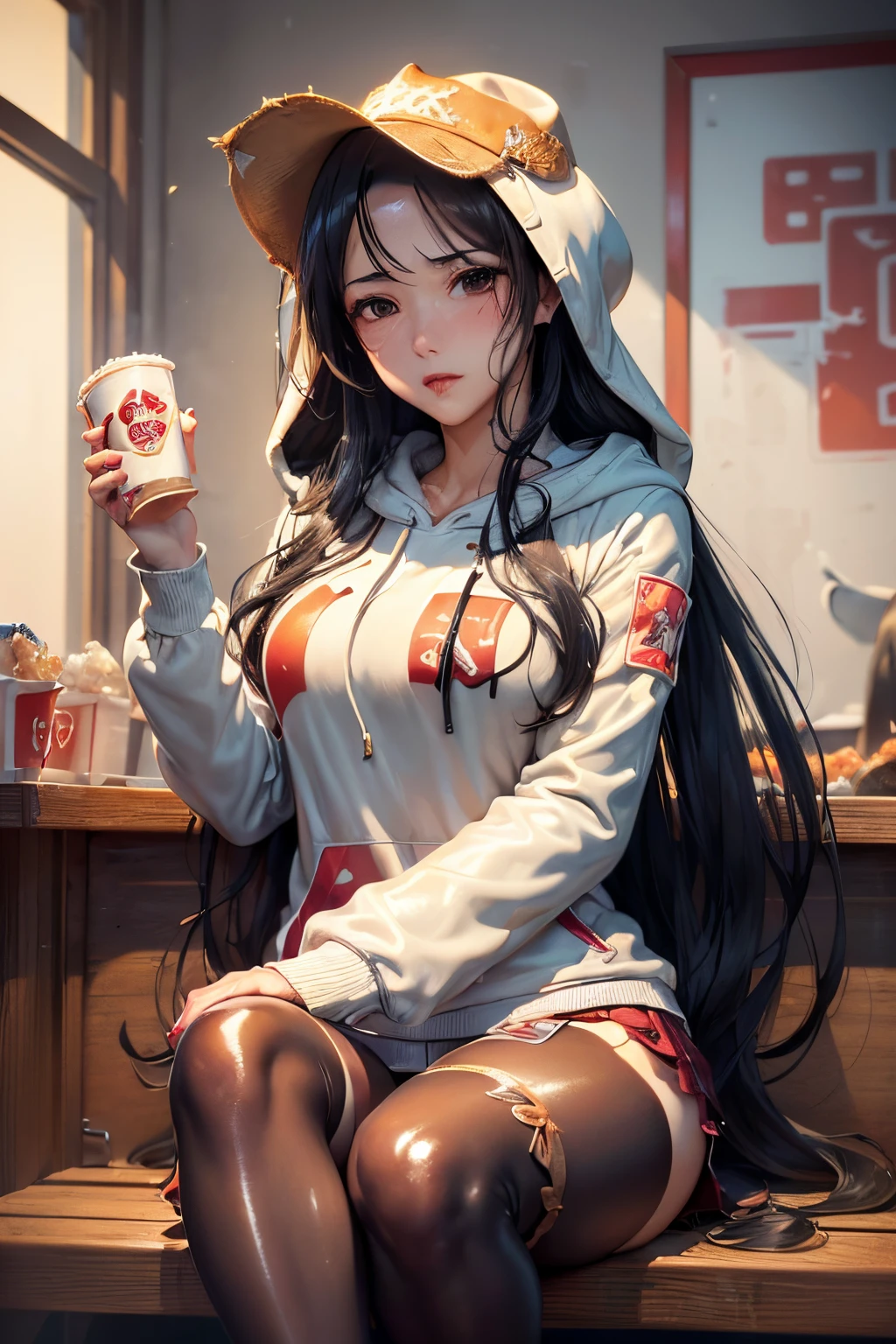 (Masterpiece),(Best quality:1),(超高分辨率:1),the wallpaper,Detailed illustration,detailed beautiful skin,Dewy skin,Sweaty skin,(Front focus),(Very_Long_Legs:0.8),(Torn pantyhose:1),(idolmaster shiny colors,Cowboy shot,Straight black hair,Absurdly long hair:1.5),((1girll, Solo, Fried chicken shop, kfc, Sitting, Hoodie, Brown eyes, view the viewer,White hoodie, upper legs,hamburgers,  Red lips, foot out of frame, Long sleeves, Lips, ))