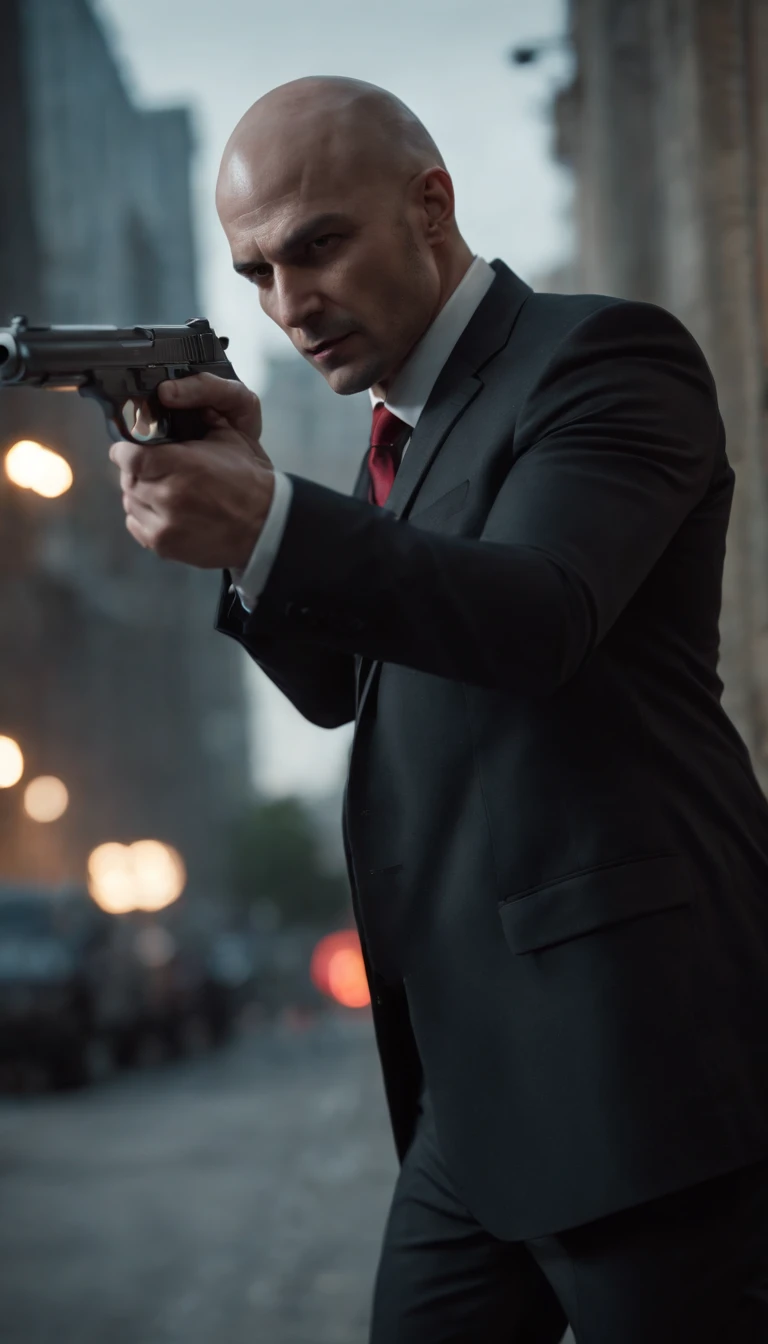 (highres, realistic, detailed), assassin, bald, barcode tattoo, silverballer pistols, black suit, red tie, gloomy atmosphere, stealth, professional, shadows, silent footsteps, lethal precision, tailored suit, tactical gear, hidden knives, silenced sniper rifle, cool demeanor, calculated movements, deadly accuracy, grim expression, dark alley, rooftop escape, disguises, professional hitman, relentless pursuit, contract killing, elusive, deadly weapon skills, cinematic, suspenseful lighting, intense, secretive, assassinations, trained killer, eliminate targets, high stakes, professional killer.