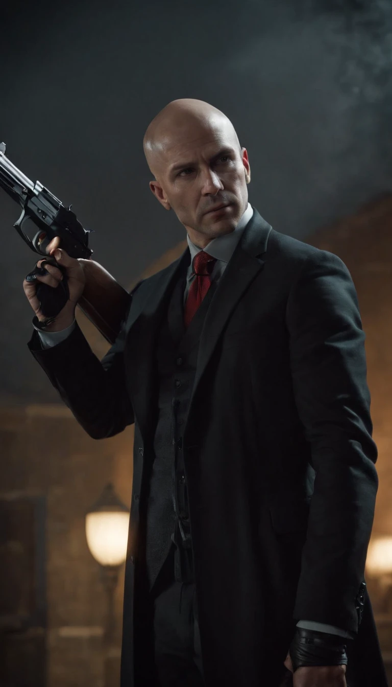 (highres, realistic, detailed), assassin, bald, barcode tattoo, silverballer pistols, black suit, red tie, gloomy atmosphere, stealth, professional, shadows, silent footsteps, lethal precision, tailored suit, tactical gear, hidden knives, silenced sniper rifle, cool demeanor, calculated movements, deadly accuracy, grim expression, dark alley, rooftop escape, disguises, professional hitman, relentless pursuit, contract killing, elusive, deadly weapon skills, cinematic, suspenseful lighting, intense, secretive, assassinations, trained killer, eliminate targets, high stakes, professional killer.