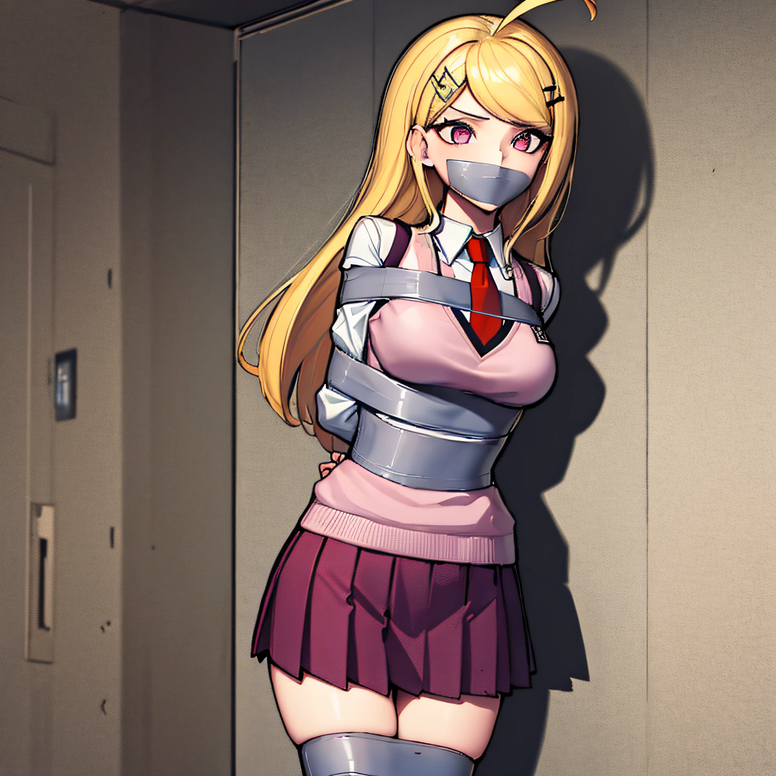 (absurdres, 8k, 4k, masterpiece, hyper extreme detailed:1.2), solo, front view portrait, best quality, portrait, solo, adult, cowboyshot, perfect anatomy, 1girl, perfect face, expressive eyes, perfect eyes, t-shirt, standing up, standing against wall, standing, kaede akamatsu, ahoge, blonde hair, hair ornament, long hair, musical note, musical note hair ornament, (pink eyes:1.2), hair ornament, necktie, pleated skirt, school uniform, skirt, sweater vest, large bust,  bound, bondage, (arms behind back:1.4), bdsm, tape gag, tape, tape bondage, close-up, restrained, best anatomy, half body, taped thighs, taped legs, legs together, tape wrapped, wrap gag, tightly bound, tape wrapped around face, tape above breasts, tape below breasts, light blonde hair,