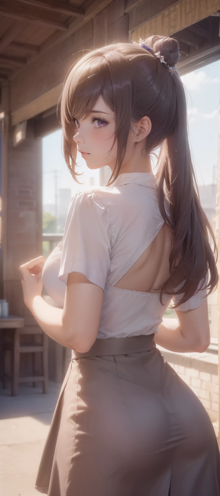 (1girl:1.3), (photorealistic:1.4), (masterpiece, top quality, best quality, official art), extreme detailed, highest detailed, (ultra-detailed), ((an extremely delicate and beautiful)), cinematic light, contemporary, silky long hair, she standing at the station, in evening, shirt, long skirt, butt crack, upper body, from above, shy, blush, (looking back:1.4),