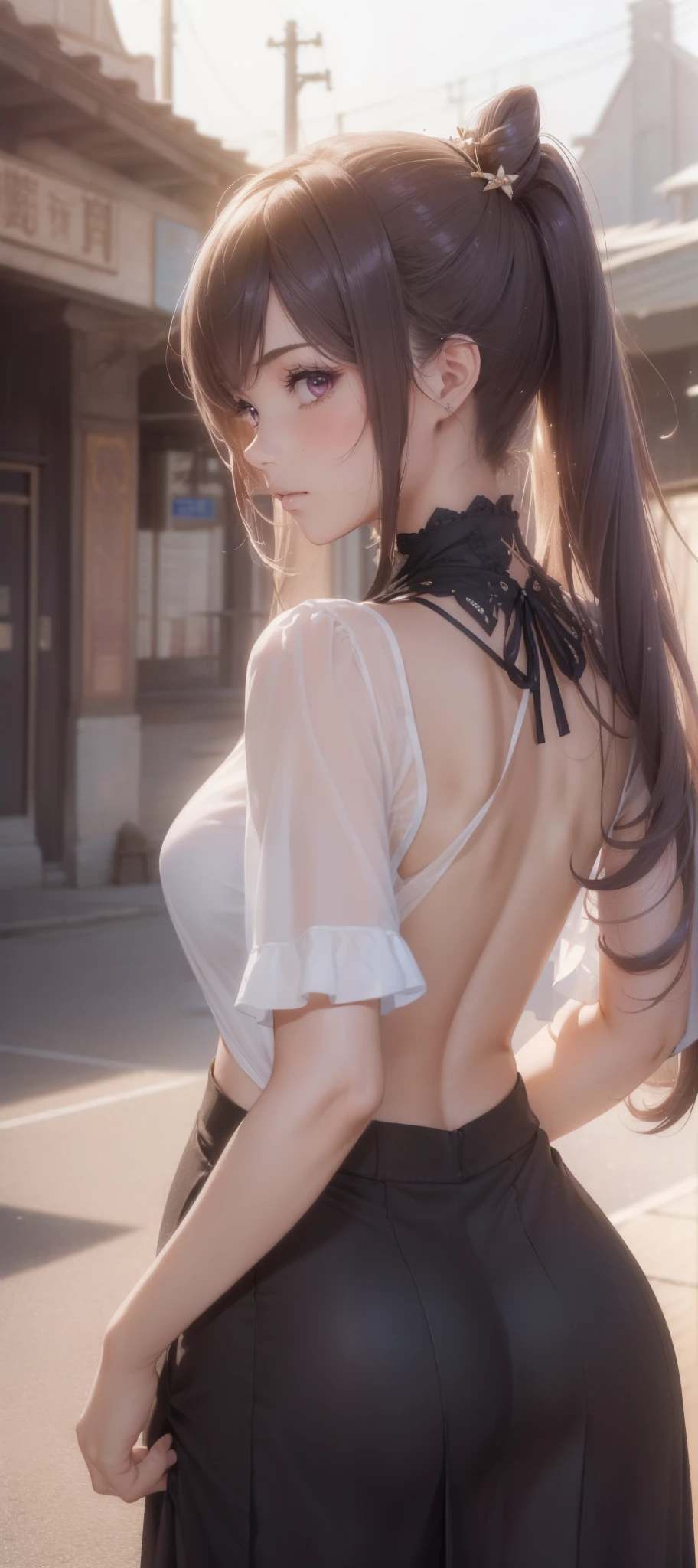 (1girl:1.3), (photorealistic:1.4), (masterpiece, top quality, best quality, official art), extreme detailed, highest detailed, (ultra-detailed), ((an extremely delicate and beautiful)), cinematic light, contemporary, silky long hair, she standing at the station, in evening, shirt, long skirt, butt crack, upper body, from above, shy, blush, (looking back:1.4), (((undies drop))), (((crotchless pantyhose)))