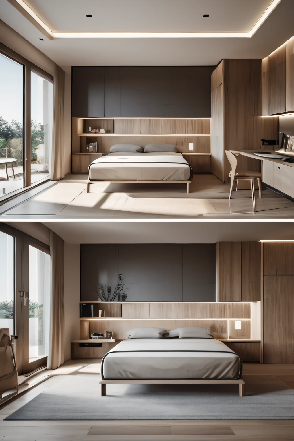 Classical maxim There is a computer desk in the room,There is a monitor on it, small bedroom, small rooms, A bright room, small and cosy student bedroom, Bright rendering, A bright room, apartment design, Modern look, rendered in vray, Natural light in the room, Authentic style, studyng in bedroom, a 3D render, 3Drenderingof, Sterile minimalist room classical maxim 8k