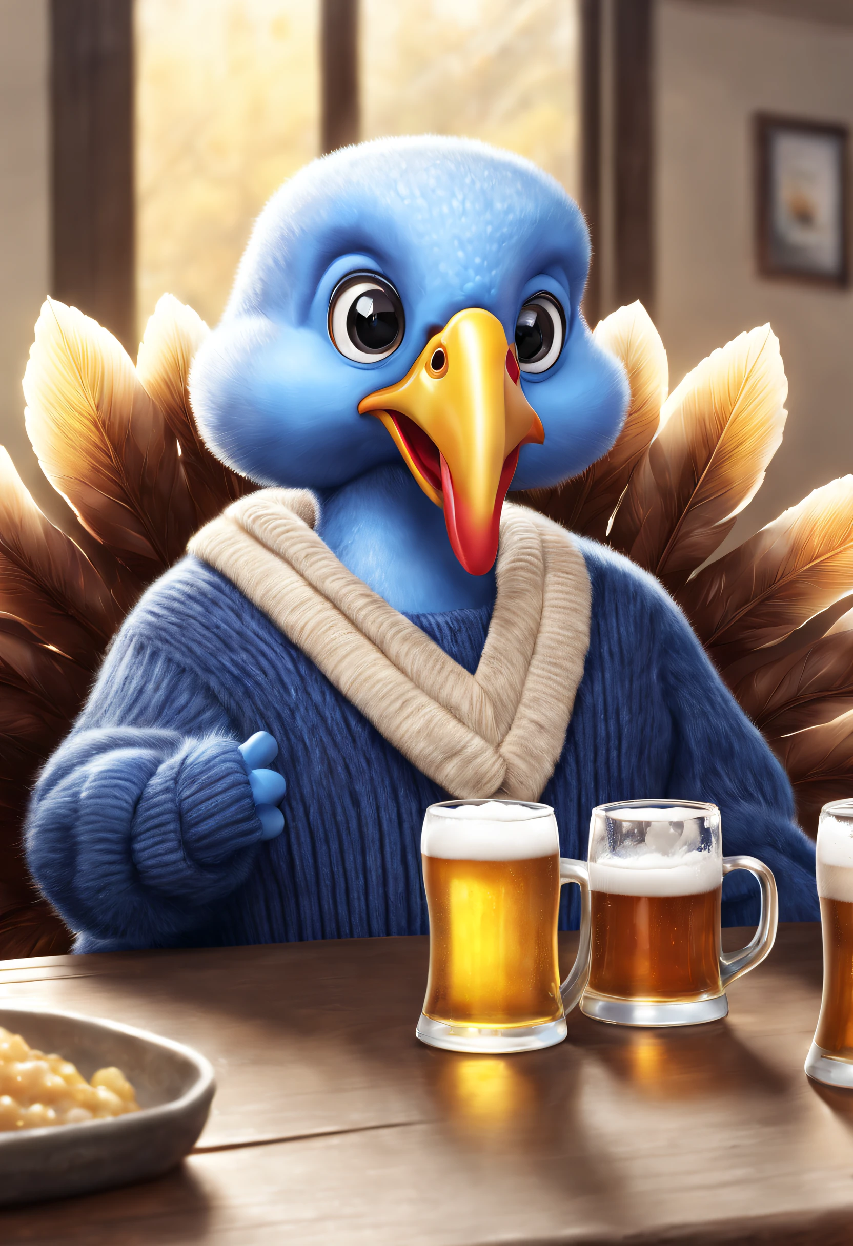 Brand advertising, Creative poster, Cute turkey wearing a blue sweater drinking beer， 3Drenderingof, Focus sharp, ultra-realistic realism, Fluffy, fantasy engine, 5 quality rendering, 3 Rendering, furry art,